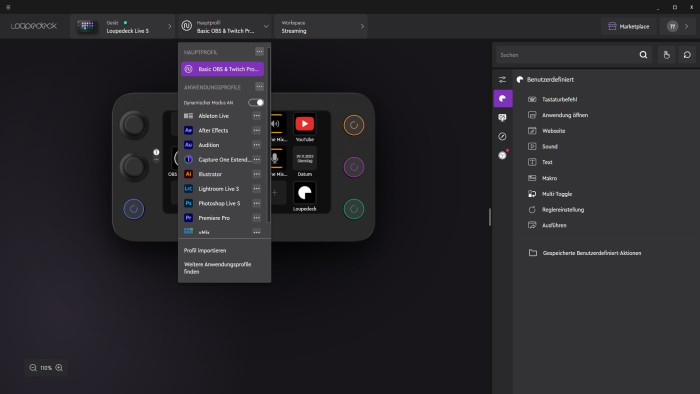 Die Loupedeck-Software ist &uuml;bersichtlich und bietet Profile. (Bild: Martin Wolf/Golem.de)